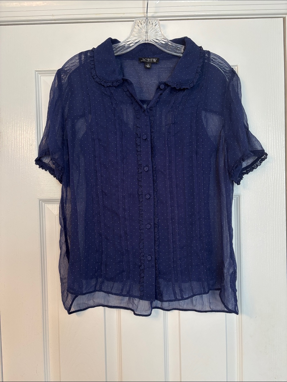 J.Crew Navy Sheer Dot Crinkle
Chiffon Lace Trim Pintuck
Button Up Shirt 10 NWOT